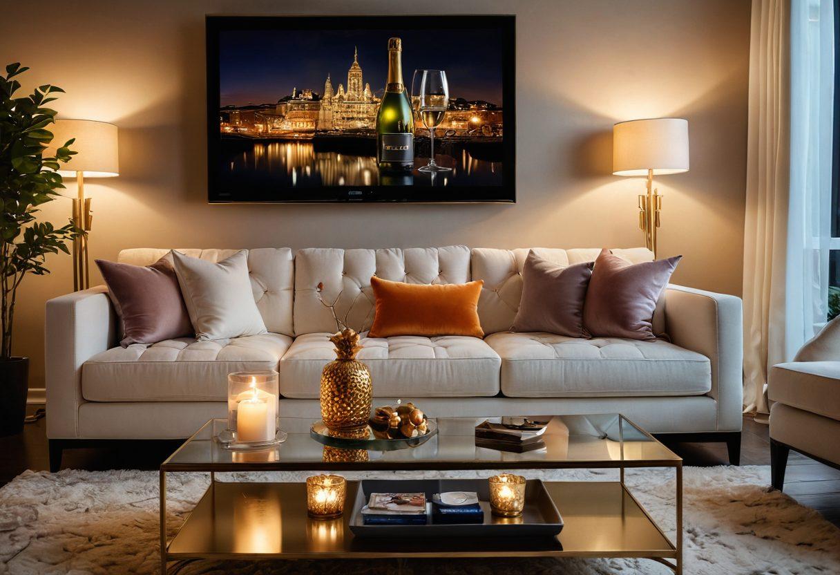 A luxurious living room setting with a plush couch, dimly lit by ambient candles, showcasing a sleek TV screen displaying vibrant scenes from adult films. The decor includes elegant artwork and tasteful ornaments, creating an inviting atmosphere. A bottle of champagne and two fluted glasses sit on a stylish coffee table, hinting at a romantic evening. Soft focus on the background to add depth and intrigue. vibrant colors. super-realistic.